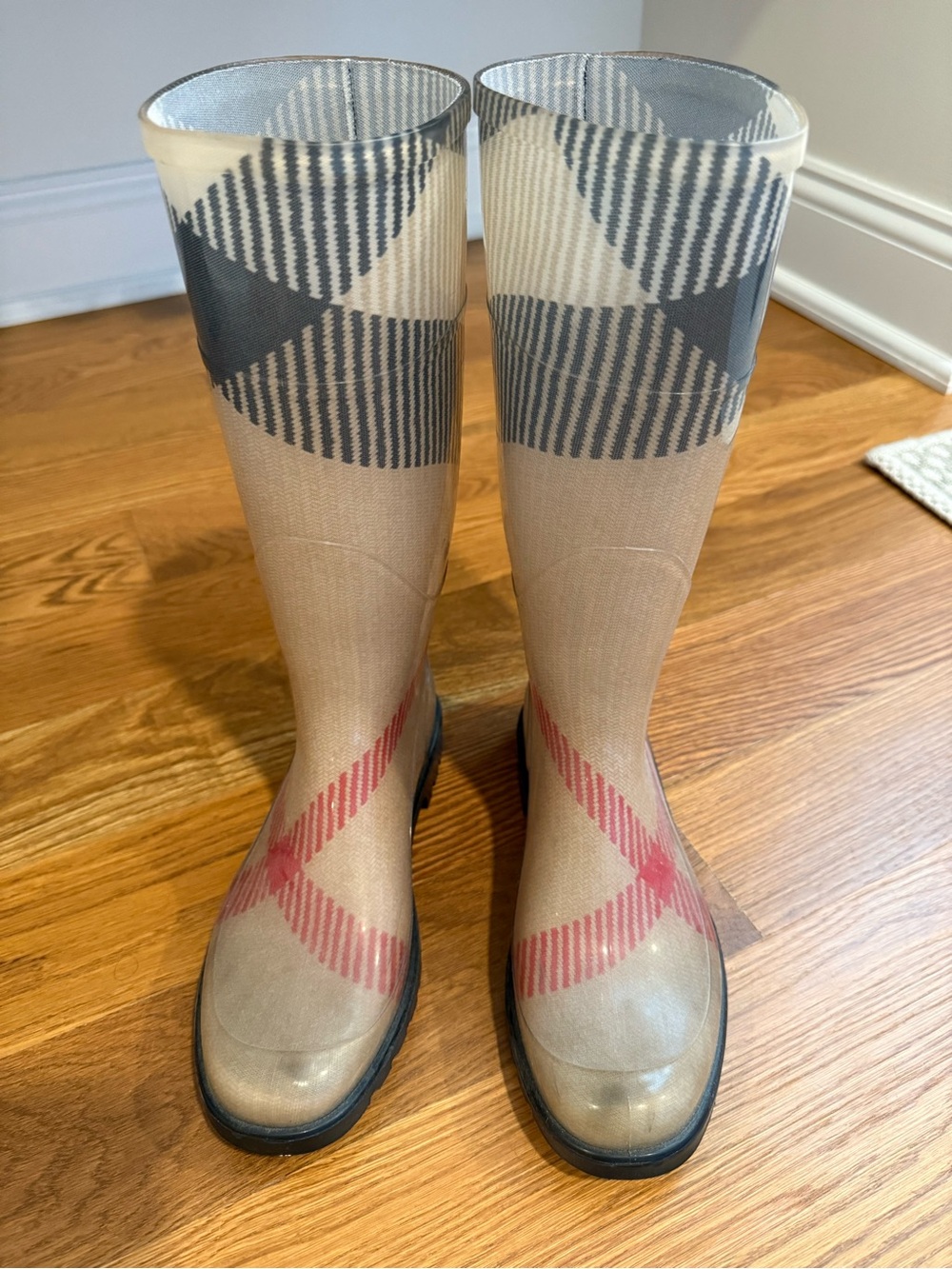 Burberry Classic Check Mid Calf Rain Boots - Beige/Red/Black, Size 38 - Picture 1 of 6